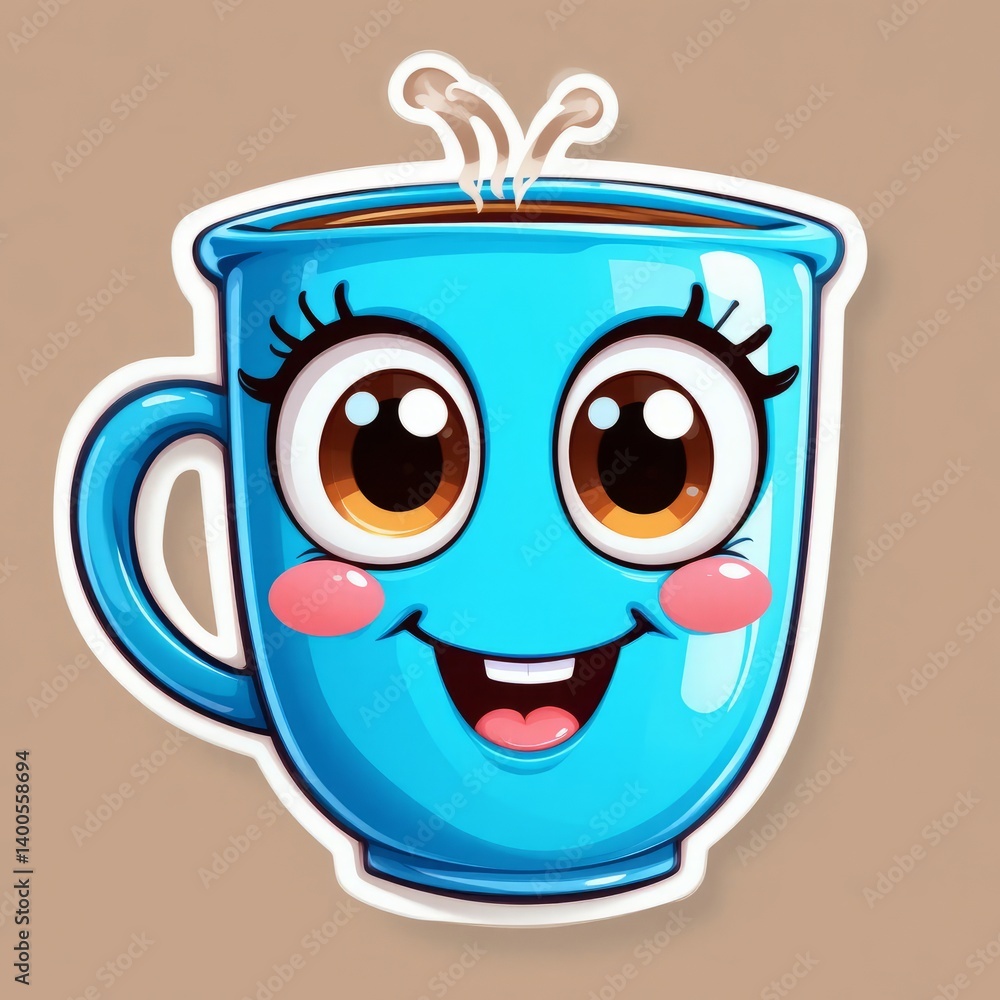Kids sticker cartoon cup of tea with big eyes and a smile,on solid color background Kids sticker cartoon cup of tea with big eyes and a smile,on solid color background