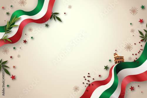 The Italian flag waving as a background with a small colosseum, strewn with stars and foliage.