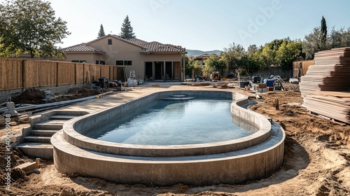 A modern, concrete swimming pool under construction in a backyard.