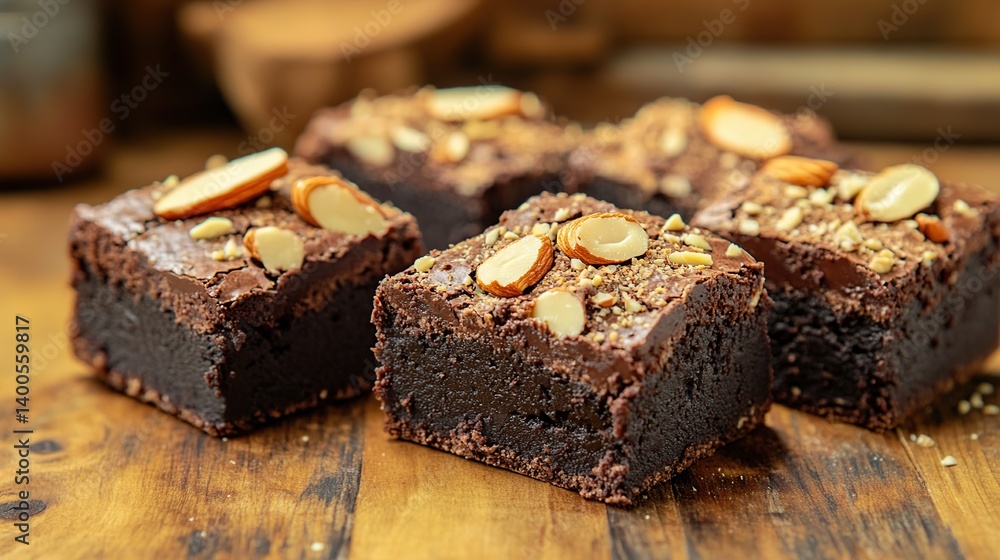 1Rich chocolate brownies with a dense fudge texture, topped with sliced almonds