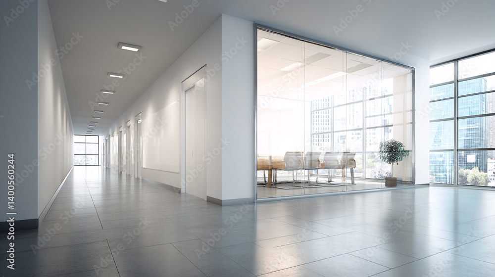 Fototapeta premium Modern art gallery with white walls concrete floors and floor to Empty Wall Mockup in Modern Office Interior created with 