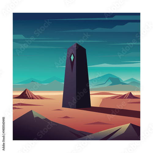Mysterious obelisk stands sentinel in a desert landscape.