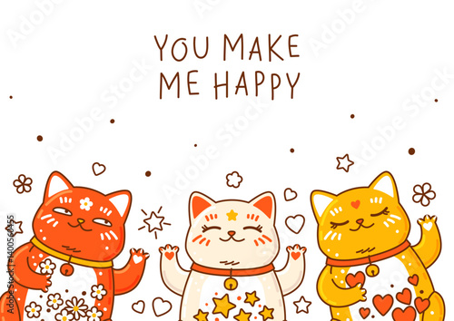 Greeting card with cute сartoon maneki neko on white background - funny asian characters for Your kawaii design