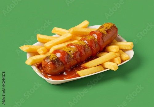 Close Up of Currywurst with French Fries on Green Background