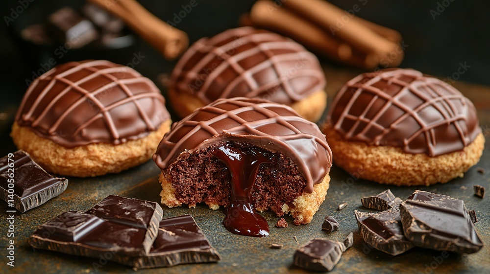 Chocolate lava cake with molten chocolate center, gooey chocolate flowing out from the cake