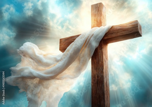 Divine Light and Resurrection of Faith in the Christian Cross Among Ethereal Clouds