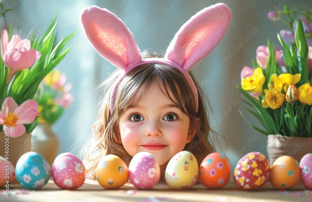 Easter Celebration with Young Girl in Bunny Ears and Colorful Eggs in Spring Flowers