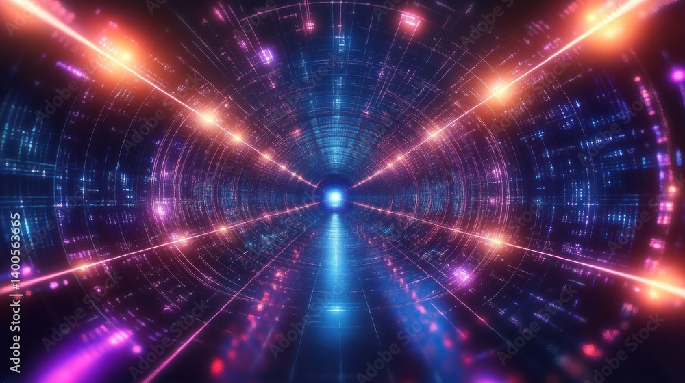 Neon Virtual Reality Tunnel Cyberpunk Digital Art Abstract Background Colorful Glowing Line Game Environment