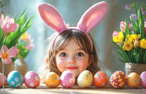 Obraz na płótnie Easter Celebration with Young Girl in Bunny Ears and Colorful Eggs in Spring Flowers w salonie
