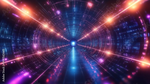 Obraz na płótnie Neon Virtual Reality Tunnel Cyberpunk Digital Art Abstract Background Colorful Glowing Line Game Environment w salonie