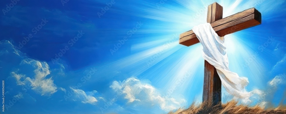 Resurrection and Crucifixion of Jesus Christ on a Blue Background with Divine Light