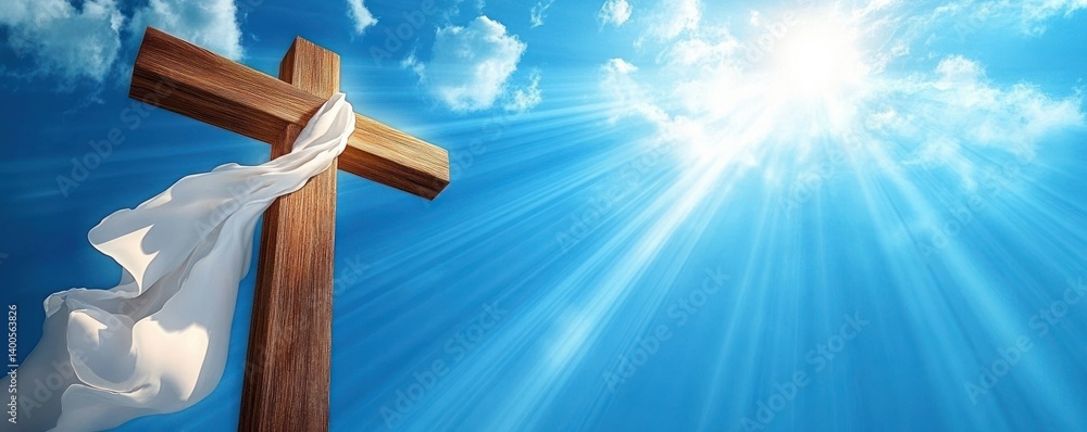 Resurrection and Crucifixion of Jesus Christ with a Holy Cross and Light on a Blue Sky Background