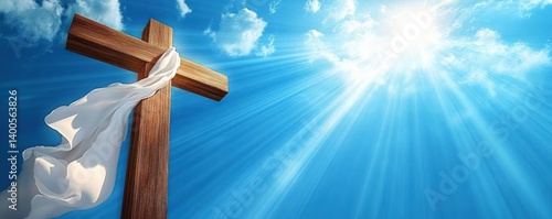 Obraz na płótnie Resurrection and Crucifixion of Jesus Christ with a Holy Cross and Light on a Blue Sky Background w salonie