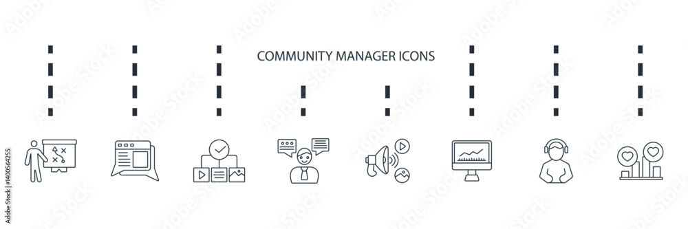 Community Manager activities icons set isolated on White Background Flat style design Community Manager activities icons set isolated on White Background Flat style design