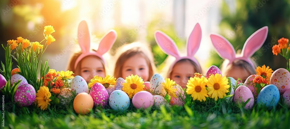 Easter Joy with Family and Children in Bunny Ears Celebrating Together at Home