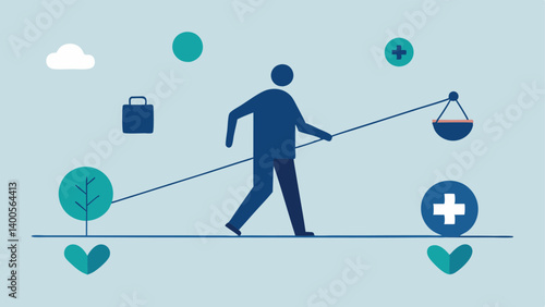 Balancing Act An individual walking on a tightrope holding a balance pole labeled Mental Health while trying to keep steady a various symbols of chronic illness like pills and