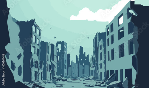 Ruined Abandoned Cityscape After War Attack with Destroyed Buildings