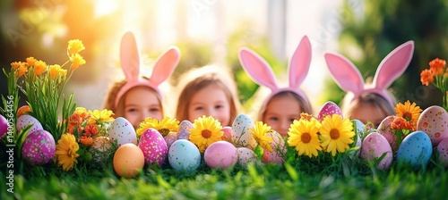 Obraz na płótnie Easter Joy with Family and Children in Bunny Ears Celebrating Together at Home w salonie
