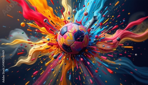 An imaginative representation of a football amidst a destructive explosion of color and energy, emphasizing motion.