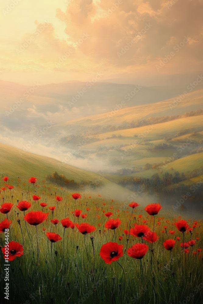 Vibrant Red Poppies in a Serene Landscape with Soft Golden Light and Misty Distant Hills