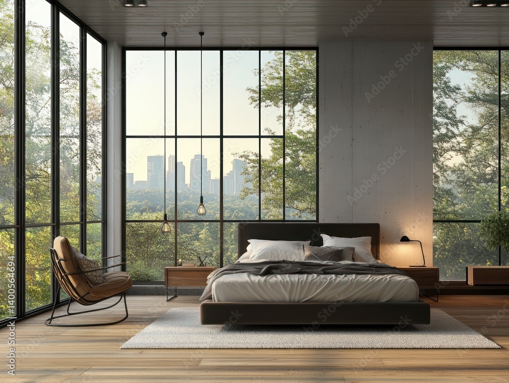 Modern Minimalist Loft Bedroom with Large Windows and Scandinavian Design