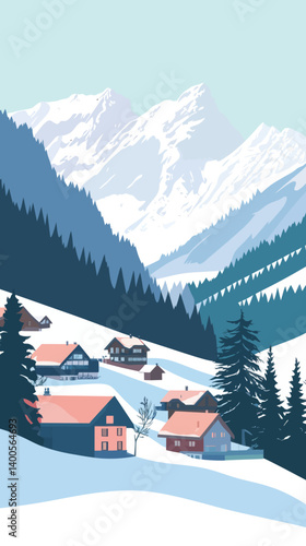 Winter Scenery of Wengen Village with Bernese Alps in Minimalist Vector Art