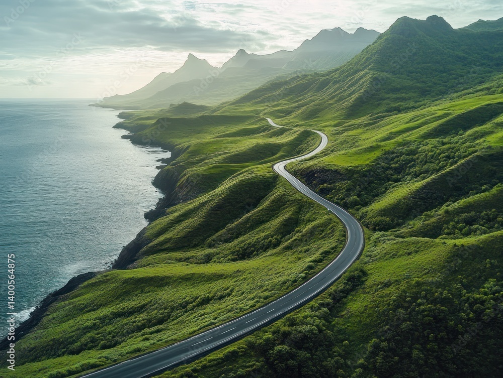 scenic aerial view coastal road travel Iceland beautiful landscape hills adventure summer