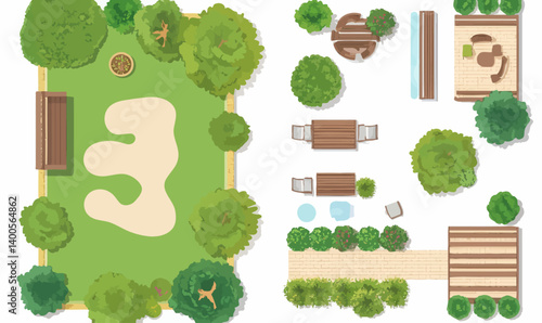 Minimalist Garden Walkway with Relaxing Outdoor Furniture and Trees Vector