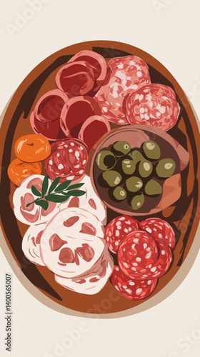 Minimalist Charcuterie Platter Vector with Meats and Olives for Food Art