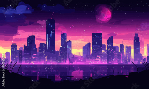 Futuristic Vaporwave Cyberpunk City Skyline Vector Art with Purple Night Hues