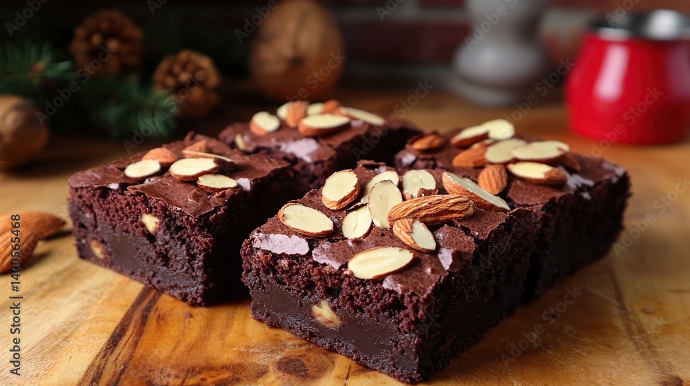 1Rich chocolate brownies with a dense fudge texture, topped with sliced almonds