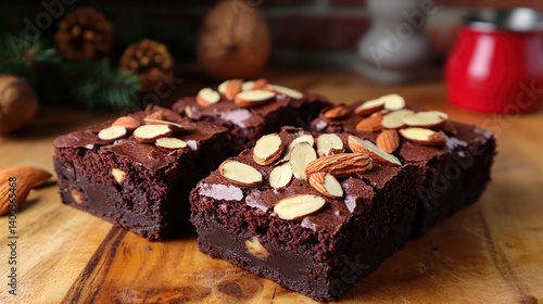 Obraz na płótnie 1Rich chocolate brownies with a dense fudge texture, topped with sliced almonds w salonie