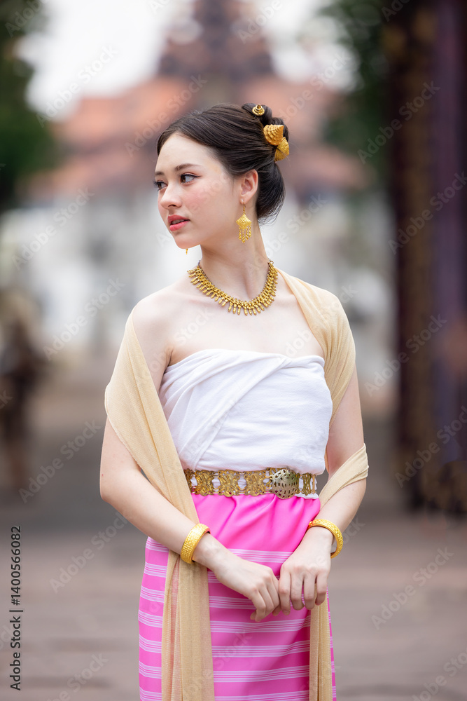 Young asian woman Thai traditional costume dress, Asian women dress identity Thai culture national costume culture dress, Thai traditional costume Thailand National, Thai woman culture costume dress.