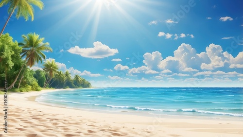 Fototapeta Naklejka Na Ścianę i Meble -  A serene beach scene under a bright, clear blue sky.