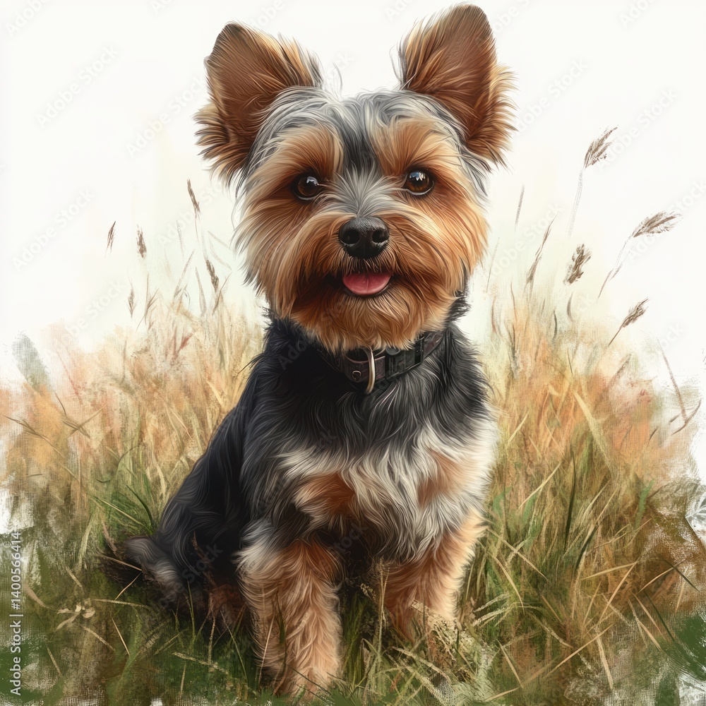 Realistic Yorkshire Terrier Puppy Sitting on Grass Cute Dog Portrait Realistic Yorkshire Terrier Puppy Sitting on Grass Cute Dog Portrait