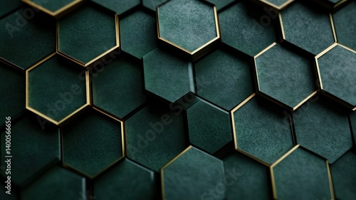 Dark green geometric hexagon tile pattern with gold trim detail.