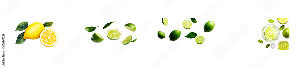 Fresh lemons and limes with leaves on a transparent background Fresh lemons and limes with leaves on a transparent background