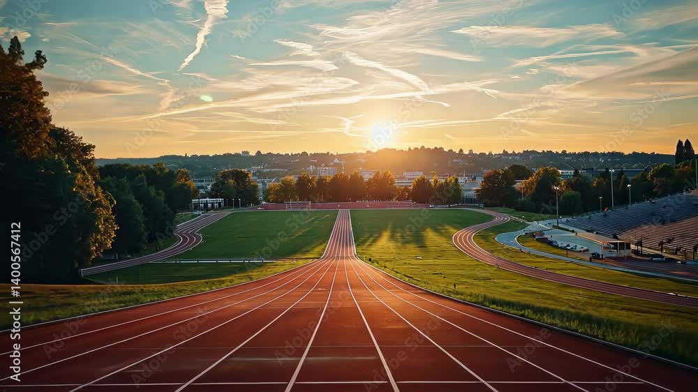 Scenic running track at sunset with city view. Scenic running track at sunset with city view.