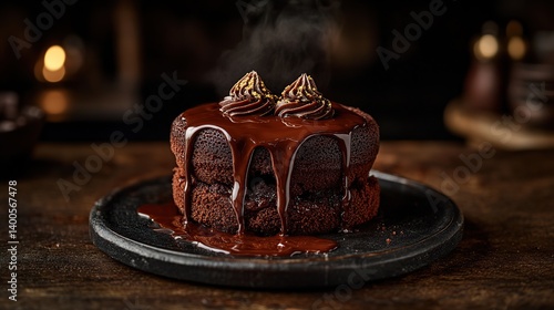 Obraz na płótnie Chocolate lava cake with molten chocolate center, gooey chocolate center spilling out from the cake w salonie