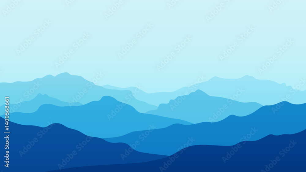 serene landscape of mountain ranges, simple, minimalist, vector, soft sky blue color palette. for background, wallpaper, banner, backdrop serene landscape of mountain ranges, simple, minimalist, vector, soft sky blue color palette. for background, wallpaper, banner, backdrop