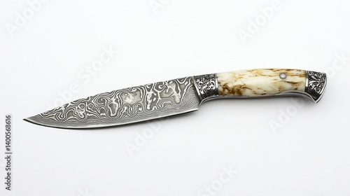 Ornate damascus steel knife with bone handle.