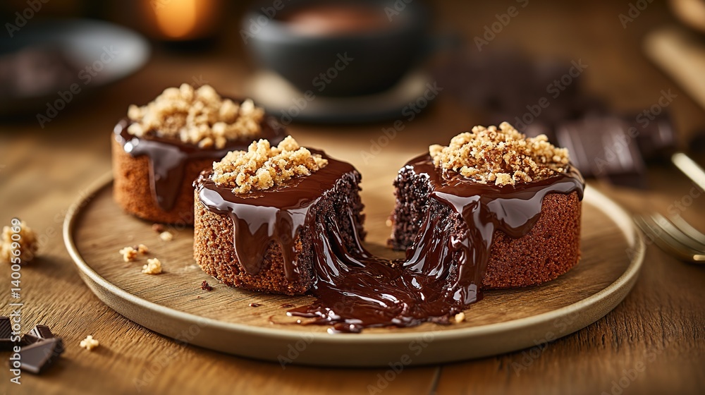Chocolate lava cake with molten chocolate center, gooey chocolate center spilling out from the cake Chocolate lava cake with molten chocolate center, gooey chocolate center spilling out from the cake