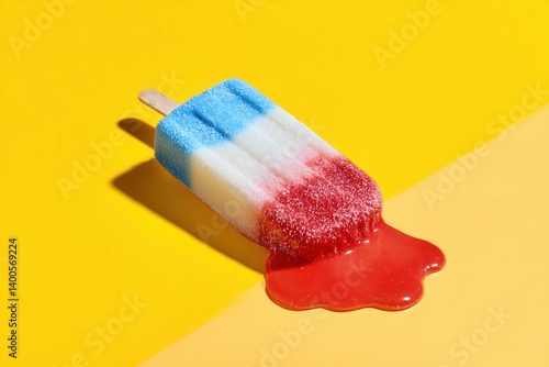 Red white and blue popsicle melting on a bright yellow background with vivid red syrup dripping. Great for summer visuals, creative food photography, and bold minimalist concepts.