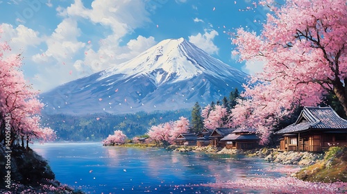 Hyper-realistic oil painting of Mount Fuji, cherry blossoms in full bloom covering the foreground, the blue sky dotted with wispy clouds, vibrant pink petals floating on a gentle breeze,