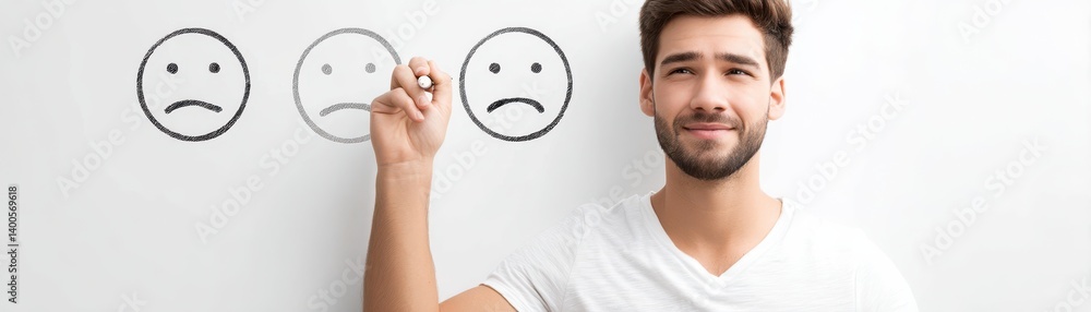 A young man smiles while drawing smiley faces on a wall, expressing emotions through simple illustrations. A young man smiles while drawing smiley faces on a wall, expressing emotions through simple illustrations.