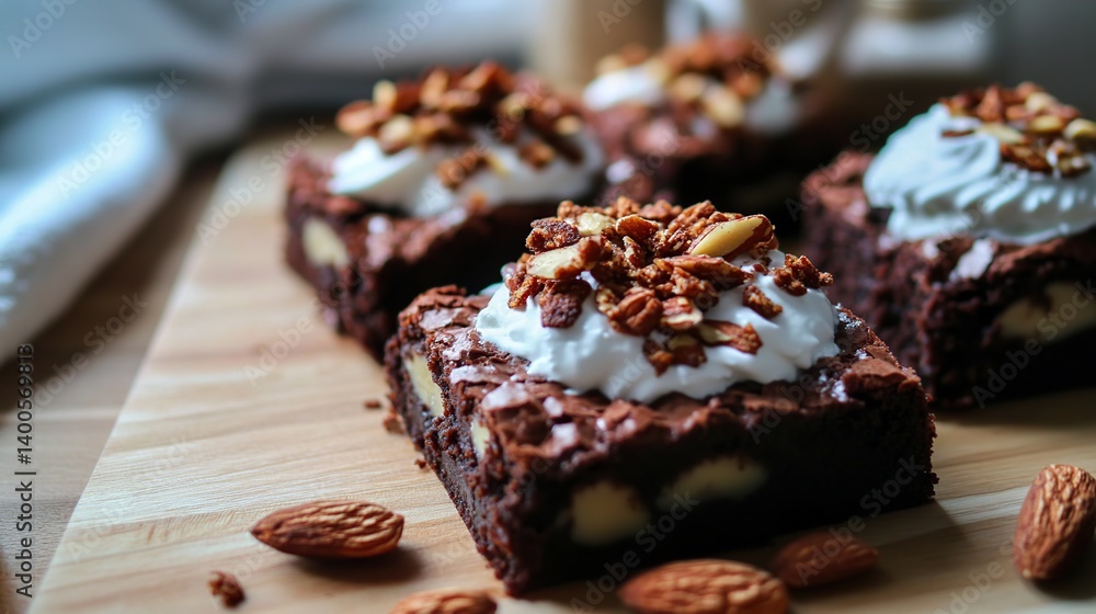 1Rich chocolate brownies with a dense fudge texture, topped with sliced almonds