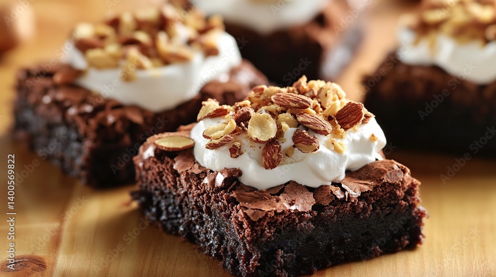 1Rich chocolate brownies with a dense fudge texture, topped with sliced almonds