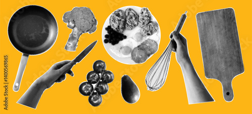 Set of cutout halftone collage elements of cooking theme. Frying pan, cutting board, avocado, tomatoes, broccoli, dish, hand holding a whisk and a knife isolated on yellow background.