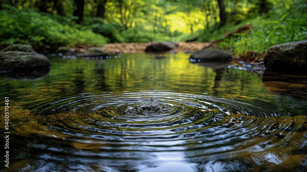 Tranquil Forest Stream: Water Drop Ripples and Serenity Tranquil Forest Stream: Water Drop Ripples and Serenity