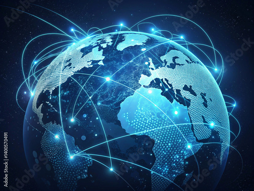 A stylized blue and white Earth is overlaid with a luminous network of lines and nodes, representing global internet and data flow